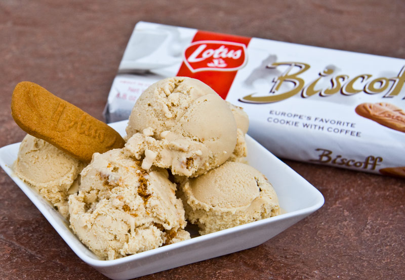 Scoops of homemade Biscoff ice cream in a white bowl